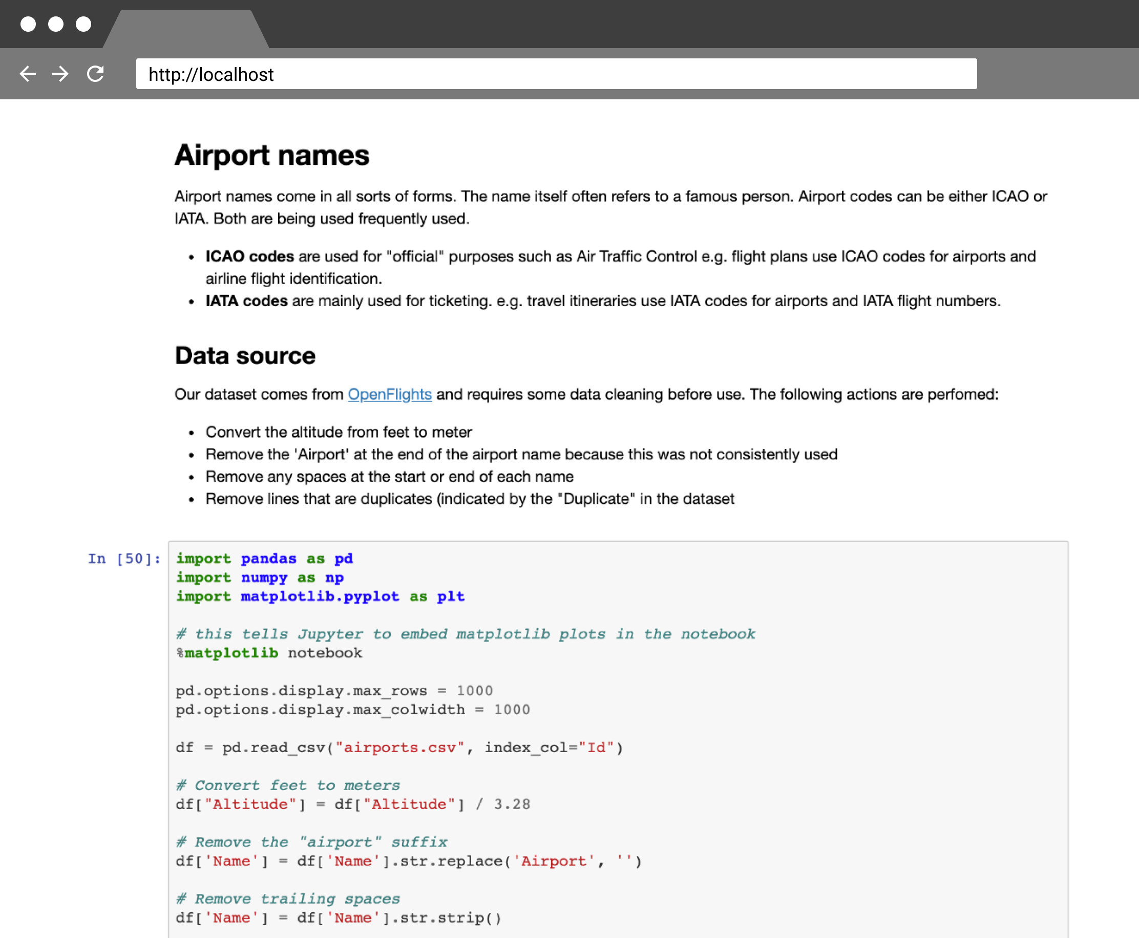 An example of a Jupyter Notebook for airport data, combining code and text